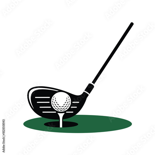 A golf club and ball are positioned over a hole on a tee box.