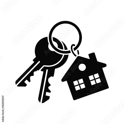 A house key and a house-shaped keychain are shown on a white background.
