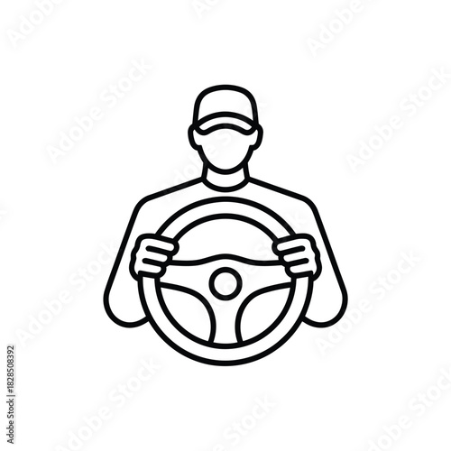 A person in a baseball cap holds a steering wheel, ready to drive.