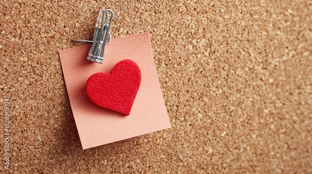 Fototapeta premium Blank Note on Cork Board Held by Heart Clip Adds a Romantic Touch to Any Space for Personal Messages or Notes