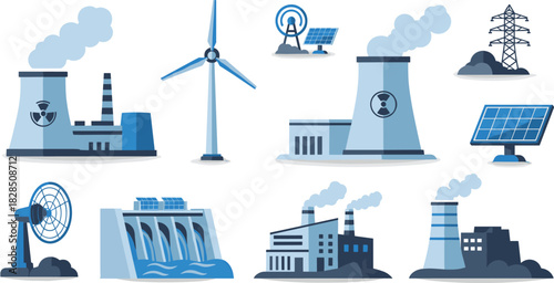 Flat Vector Illustration Set of Global Energy Sources, Featuring Nuclear Power Plants, Wind Turbine, Solar Panels, Hydroelectric Dam, and Industrial Factory Icons