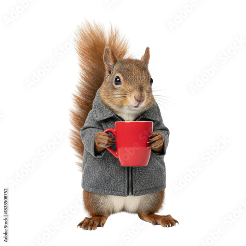 Cute small squirrel with a red cup on Isolated transparent background png. generated with AI