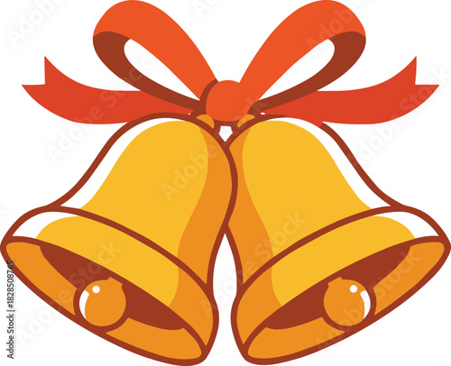 Golden Christmas Bells with Red Ribbon Bow Vector Illustration, Festive Holiday and New Year Decoration Symbol, Simple Cute Cartoon Style Jingle Bell Element.