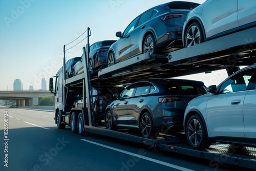 A car carrier truck shipping modern cars on road,  cars shipping 