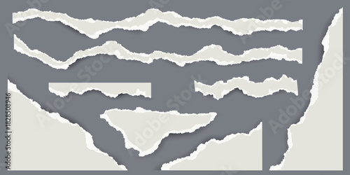 Torn paper with jagged edges on gray background. Pieces of ripped sheets. Notebook fragments for scrapbooking and collage. Retro template with rough details. Realistic paper pieces for design.