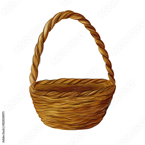 Brown wicker basket made of branches and viness, no leaves. Watercolor digital illustration