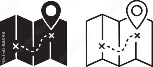 Folded map with navigation pin and route silhouette isolated on transparent background