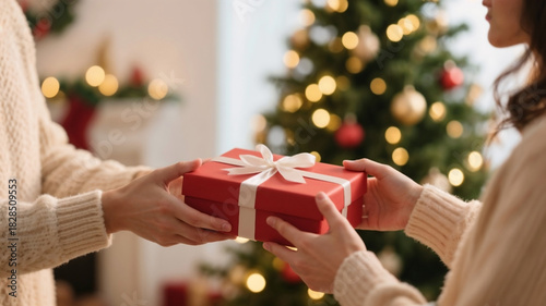 Christmas gift exchange between adult and child hands with Christmas tree background