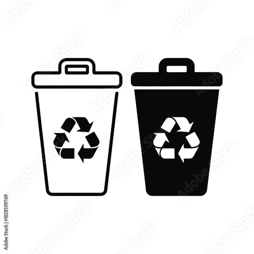 Two recycling bins are shown with the universal recycling symbol.