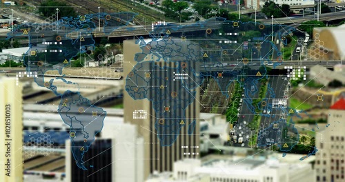 Translucent world map fading in, overlaying HUD on beige tower, roads and rail, visualizing network