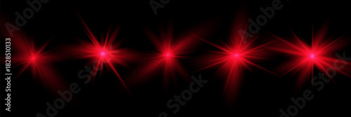 Red light effect reflections, neon illumination in red colors. Bright light lens. Police light effects, lines. Shiny stars, glowing sparks on a black background.