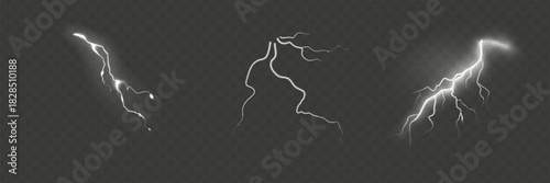 Set of the isolated realistic lightnings with transparency for design. Thunder-storm and lightnings. Magic and bright lighting effects. Natural effects