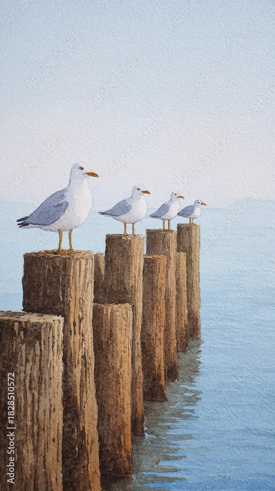 Fototapeta premium Serene Seagulls Resting on Wooden Poles Over Crystal Blue Waters Capturing the Essence of Coastal Tranquility and Nature's Beauty in a Spectacular Scenic View