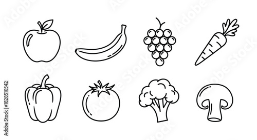 Collection of hand drawn fruits and vegetables in a simple outline style
