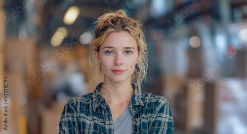 Wallpaper Mural Female warehouse worker manages product inventory and oversees distribution for shipping and manufacturing industry. Torontodigital.ca