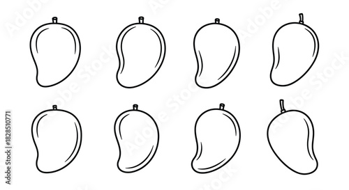 Set of eight hand drawn mango outlines in a clean line art style