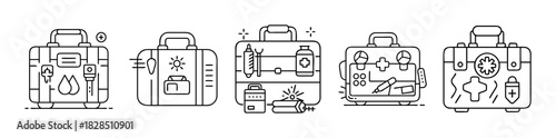 Line art icons depicting essential kits for healthcare, travel, and tools needs