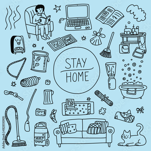 stay home set, vector collection featuring indoor activities, home office, self-care, cooking, entertainment, and relaxation symbols, ideal for health campaigns, remote work illustrations, and social 