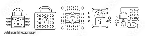 Digital security, data protection, privacy padlock icons with binary code