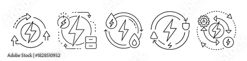 Renewable energy cycle icons set: sustainable power, resources & efficiency
