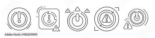 System power and warning line icons set: alert, restart, shutdown symbols