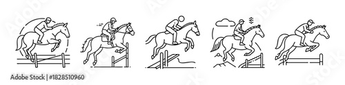 Equestrian show jumping sport icons set with horse and rider over obstacle