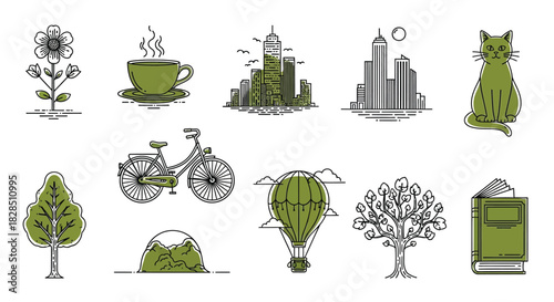Collection of hand drawn illustrations of nature and city life elements
