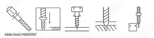 Screw and drill bit icons set illustrating fastening and drilling processes