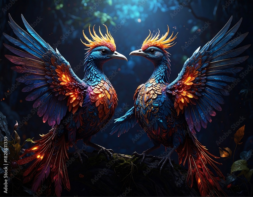 Obraz premium Two iridescent birds face each other on a branch, illuminated against a dark forest background