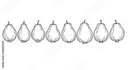 Collection of hand drawn pear outlines in a row on white background