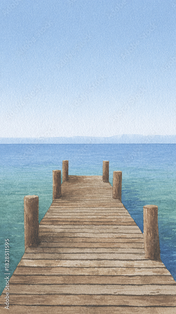 Fototapeta premium A Serene Wooden Pier Stretching Over Crystal Clear Waters Beneath a Calm Blue Sky, Perfect for Relaxing Getaways and Scenic Photography Adventures