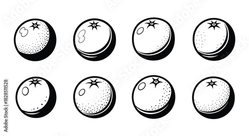 Hand drawn black and white sketch of eight oranges in a row