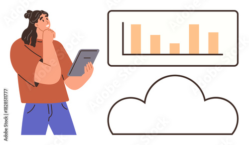 Woman holding a tablet and thinking while observing a bar graph above a cloud. Ideal for technology, data analysis, cloud computing, decision-making, business strategy, visualization, and innovation