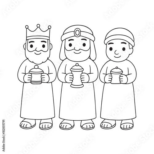 line art of three wise men holding Gold, frankincense and myrrh vector