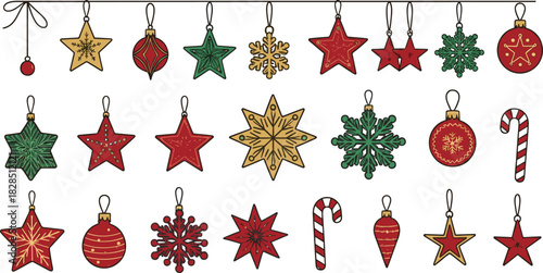 Hand-drawn Christmas ornament set vector illustration, featuring stars, snowflakes, candy canes, and baubles in traditional red, green, and gold colors for holiday greeting cards, decoration, and fest