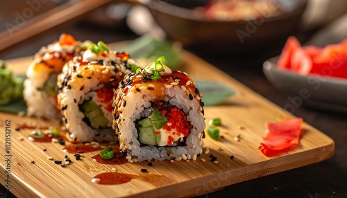 Delicious sushi rolls with toppings arranged beautifully on a wooden board for a mouth-watering culinary experience