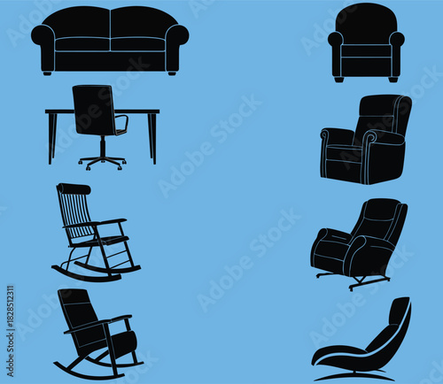 stylish black office chairs, combining comfort and contemporary design, ideal for modern office setups, home workspaces, executive desks, and professional interior vector illustration projects.