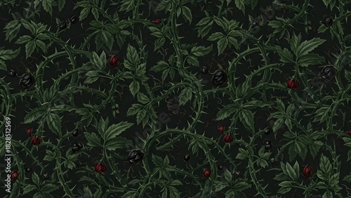 Dense pattern of thorny vines with dark green leaves and occasional red and black berries.