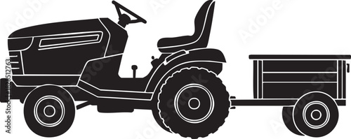 Pure black silhouette of a riding lawn mower with a trailer isolated on transparent background