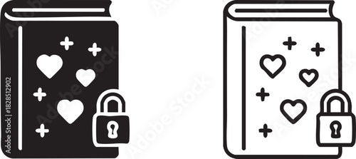 Silhouette of a closed book with hearts and stars locked by a padlock isolated on transparent background