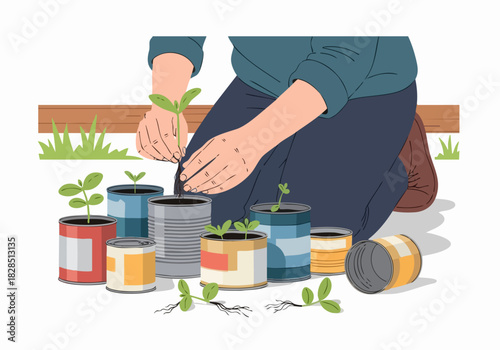 Person carefully planting seedlings in repurposed tin cans, cultivating a small garden outdoors.