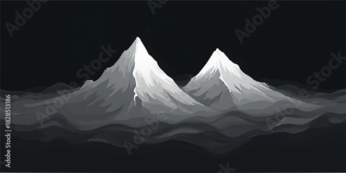 Monochromatic mountain peaks rising above clouds in a dark landscape illustration