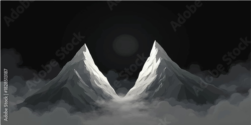 Monochromatic mountain peaks under a dark sky with fog and cloud cover