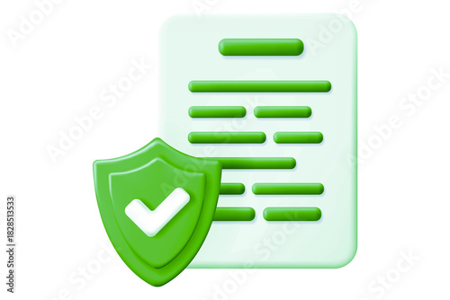 Green 3D document and shield icon with checkmark illustrating secure contract verification and safe data protection concept, isolated on transparent background, png.