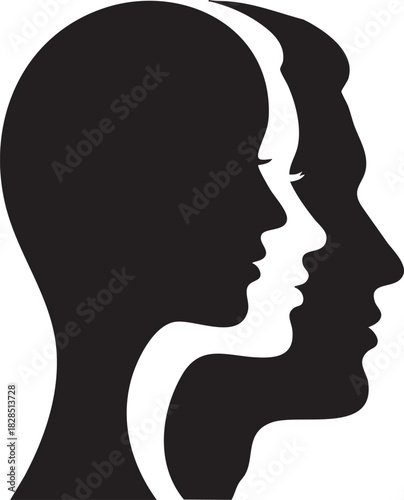 Three profile silhouettes of human heads in succession isolated on transparent background