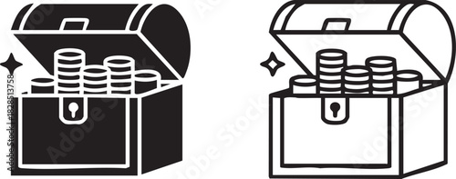 Treasure chest silhouette filled with coins isolated on transparent background