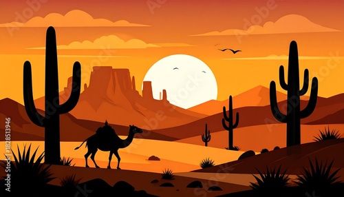 Desert landscape with a camel, cacti, mountains, and sunset in a stylized, cartoon-like vector illustration