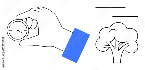 Hand grasping stopwatch emphasizing time management and productivity, paired with a minimalist tree icon suggesting sustainability. Ideal for ecology, time-saving, efficiency, productivity