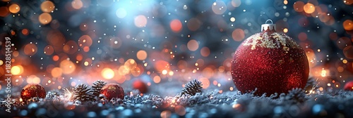 Panoramic Christmas Baubles with Snow and Bokeh Lights