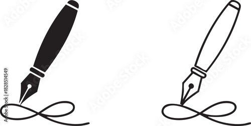 Two fountain pens writing a swirl silhouette isolated on transparent background